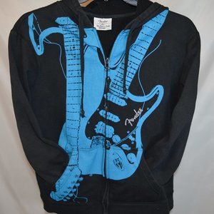 Fender Full Zip Mens Medium Blue Black Guitars Pocketed Hoodie Jacket